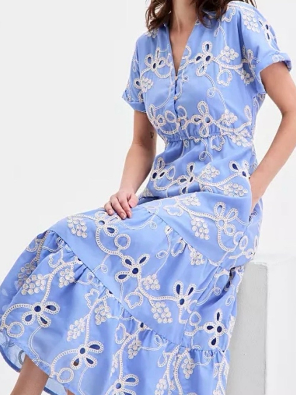 Sam Edelman Blue Embroidered Midi Dress Size 6 Boho Cottagecore Resort